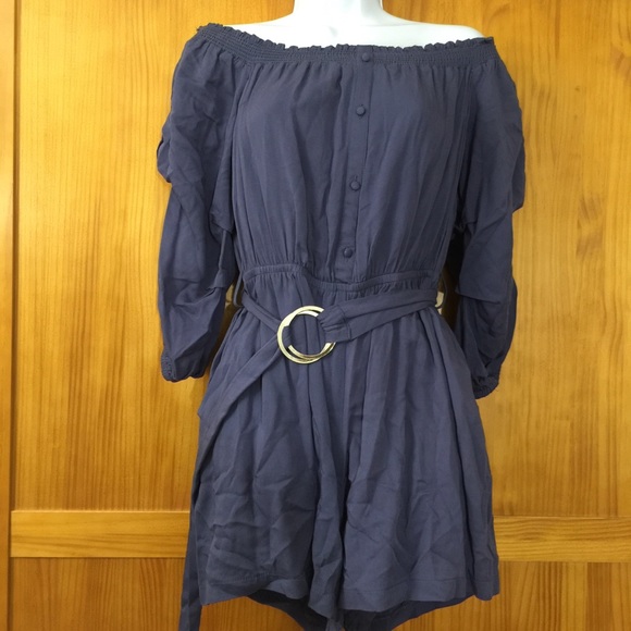 New Dusty Blue Off the Shoulder Belted Romper - Picture 2 of 6
